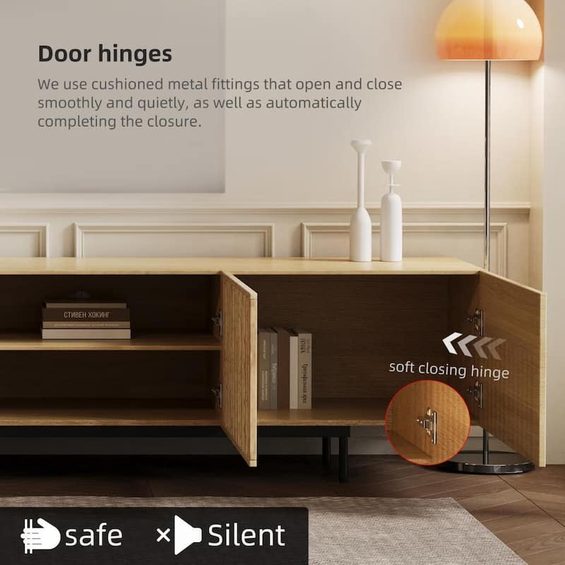 Stylish mid-century modern TV stand for up to 80" TVs. Ample storage for media devices, cable management. easy assembly.