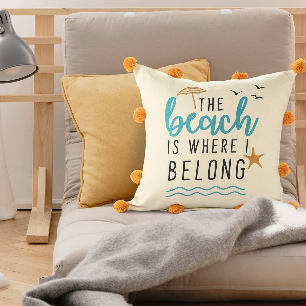 Sevita Blue/Orange Coastal The Beach Is Where I Belong Polyester Throw Pillow, 20" x 20"