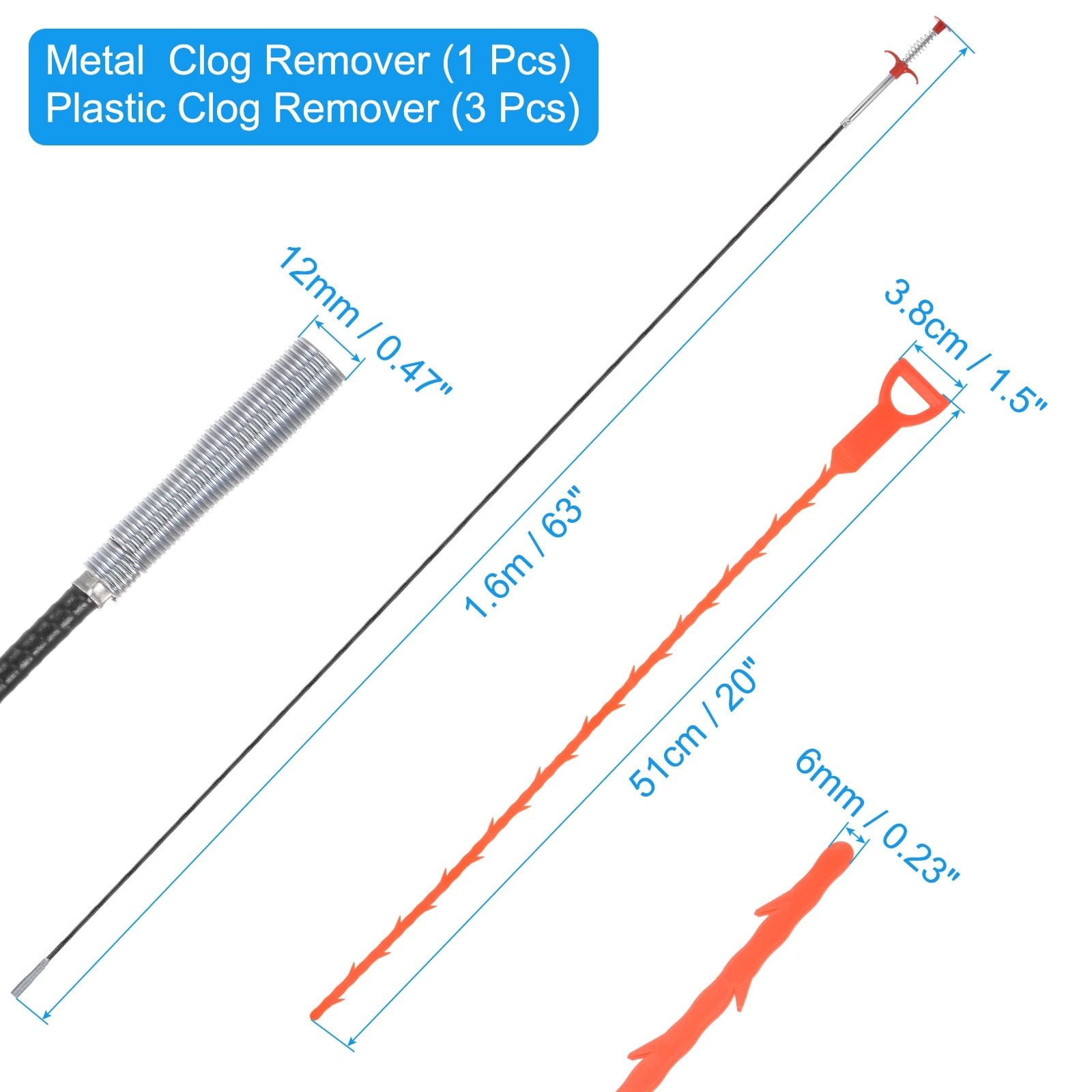 Drain Clog Remover Tool 1.6m Clog Remover 3pcs Plastic Clog Remover - 63 Inch
