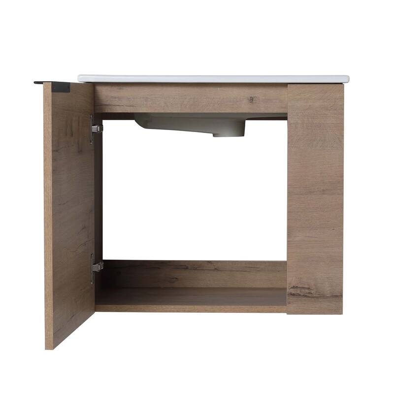 22 inch Plywood Wall-Mounted Bathroom Vanity in Grey Oak with Integrated Ceramic Sink in White with Soft Closing Door