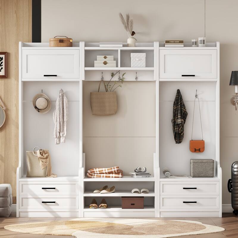 4-in-1 Detachable Hall Tree with Storage, 7 Hooks, Coat Rack, Drawers & Cabinet, Black Shoe Bench for Entryway Hallway - White
