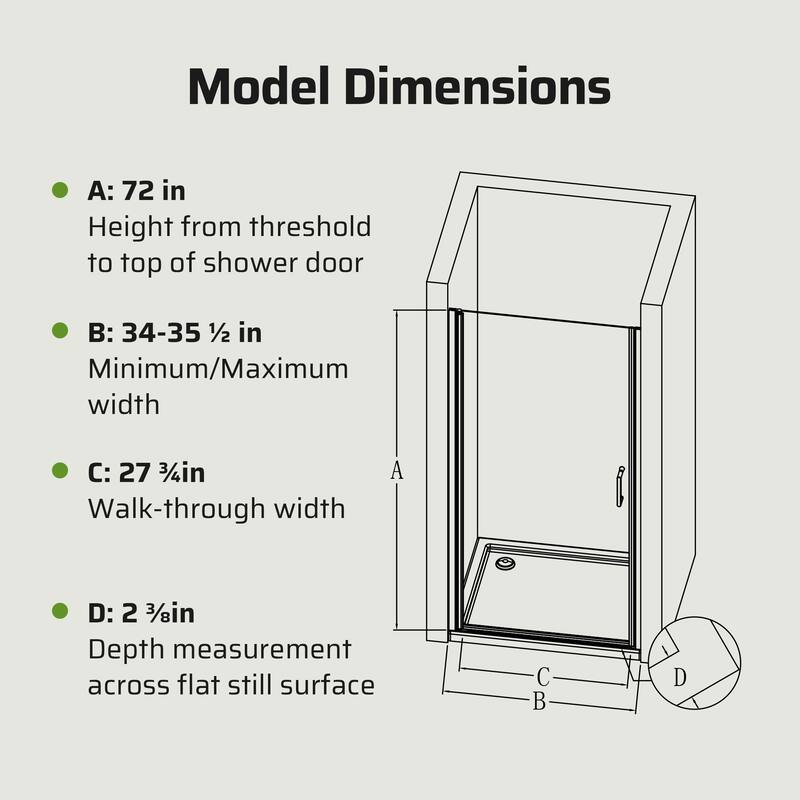30/32/34" W x 72" H Semi-Frameless Pivot Shower Door, 6mm Tempered Glass, Matte Black Reversible Swing Panel