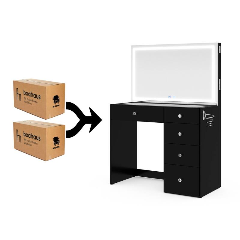 Boahaus Emilia Vanity Desk with Bluetooth Speakers & LED Mirror