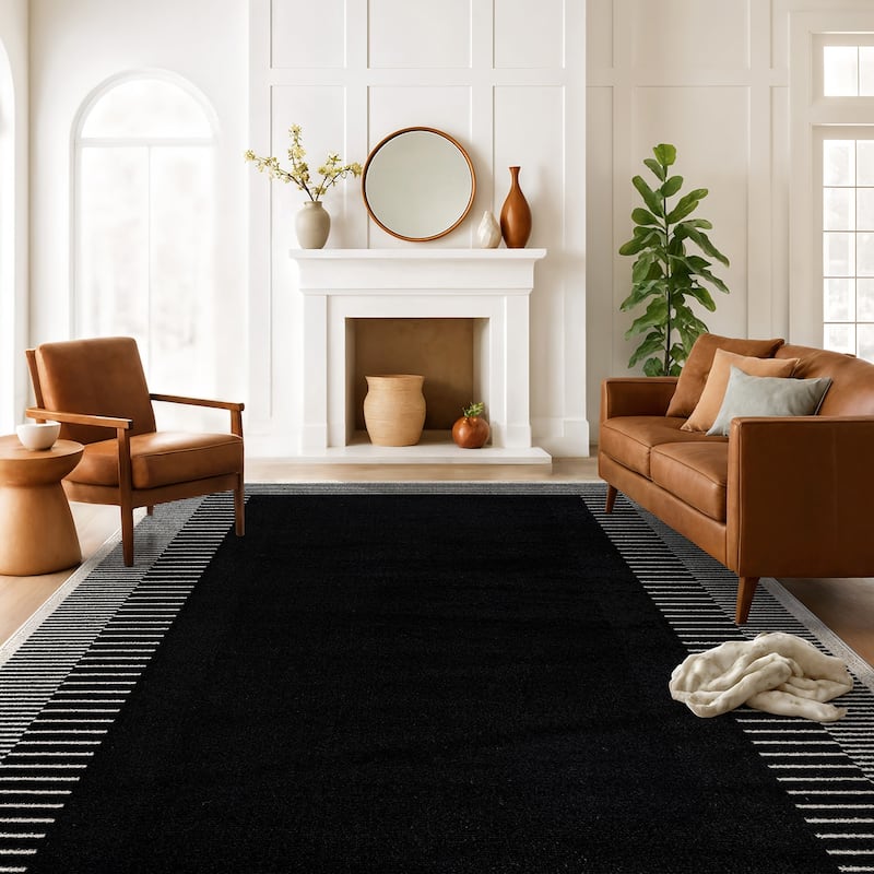 World Rug Gallery Modern Abstract Bordered Area Rug for Living Room, Bedroom, or Entryway - Low Pile Indoor Rug - Black - Rectangle - 7'10" x 10'