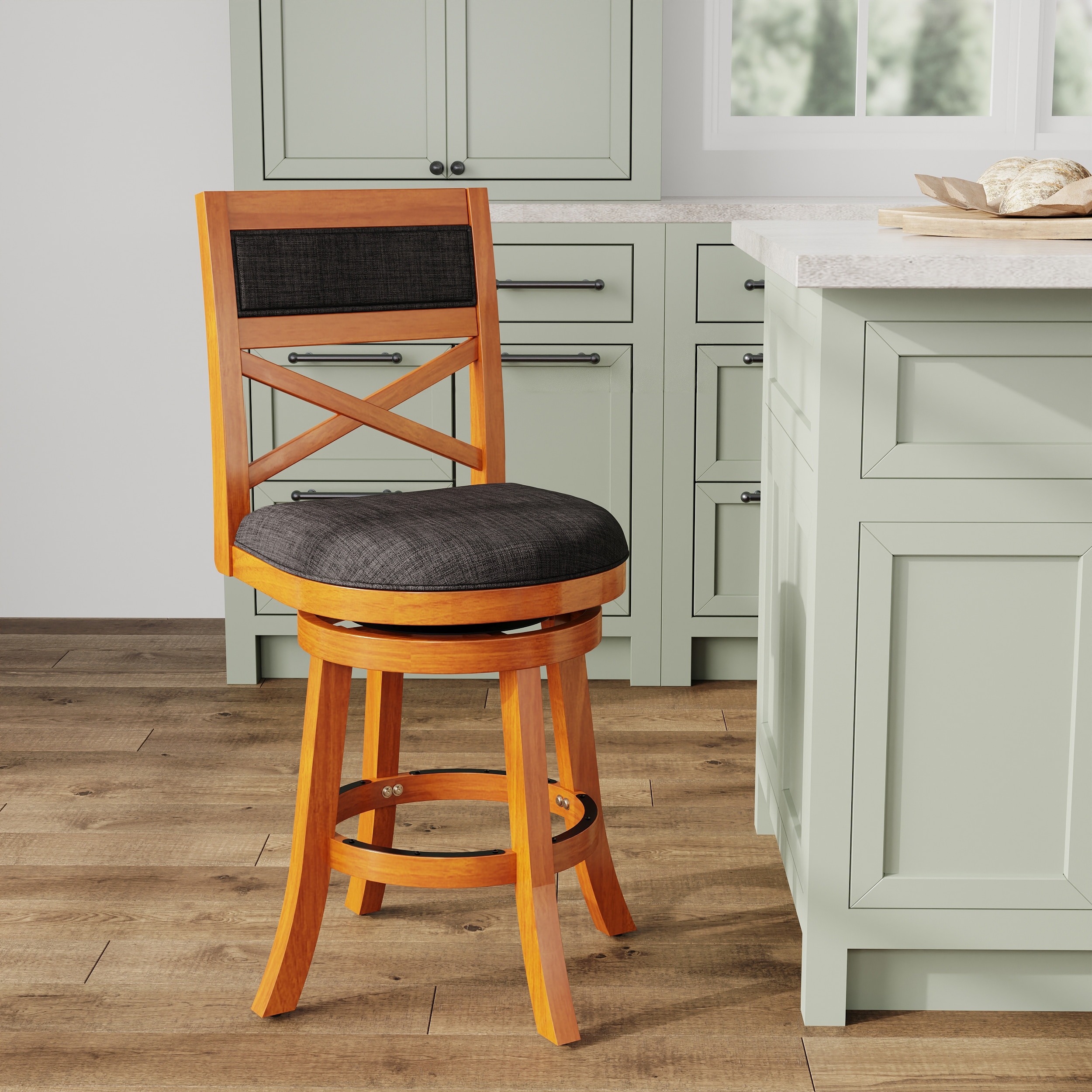 Classic Counter Height Bar Stool with 360-Degree Swivel, Wooden X-Back, Metal Footrest & Upholstered Seat by GDFStudio