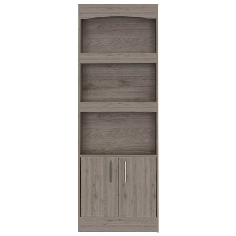 71 Inch Modern 3 Tier Wood Bookcase with 2 Doors Vertical Shelving Unit for Living Room Storage - 70.8”H x 24.8”W x 10.3”D - Light Grey