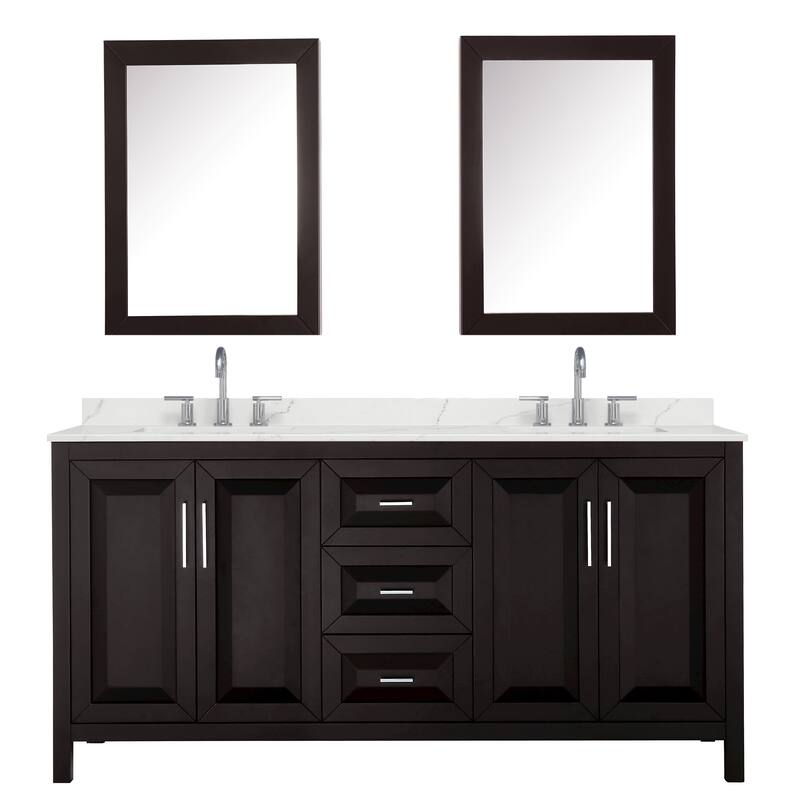 Daria 72-inch Double Vanity, 3 Hole Quartz Top, Med Cabinets