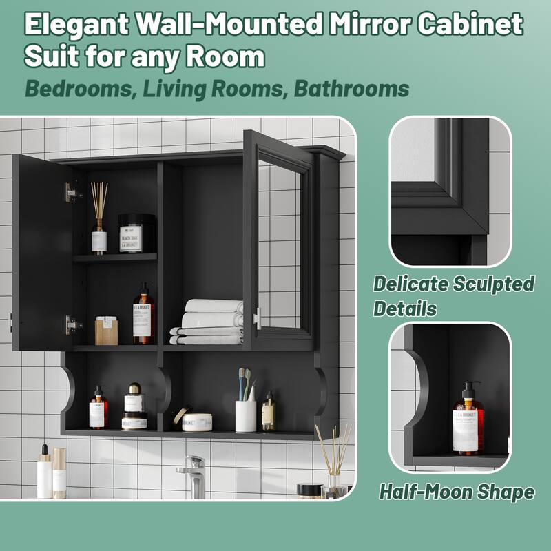 30 Inch Mirror Medicine Cabinet with Open Shelves, Wall Mounted Home Storage with Doors & Mirror, Adjustable Shelf