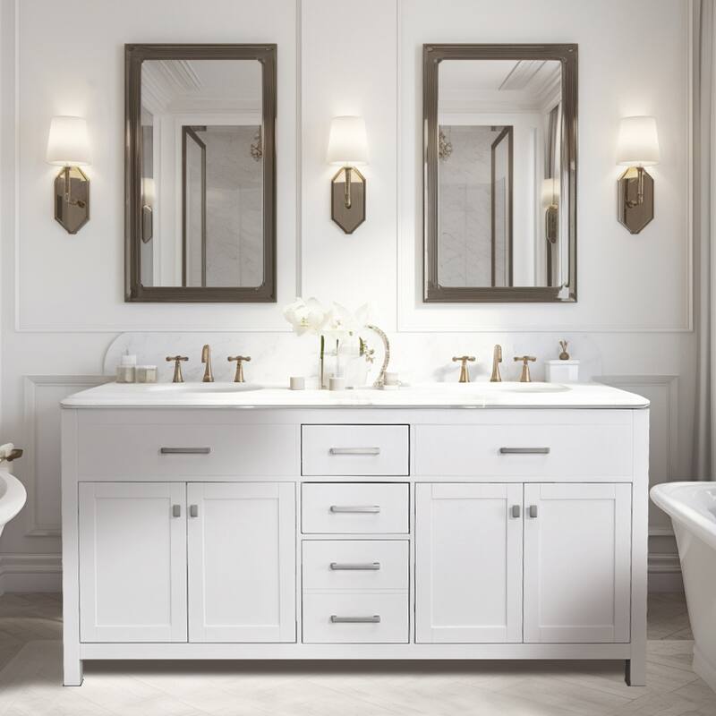 Prismatica Double Sinks Bathroom Vanity 72 in White, Marble Top & Splash
