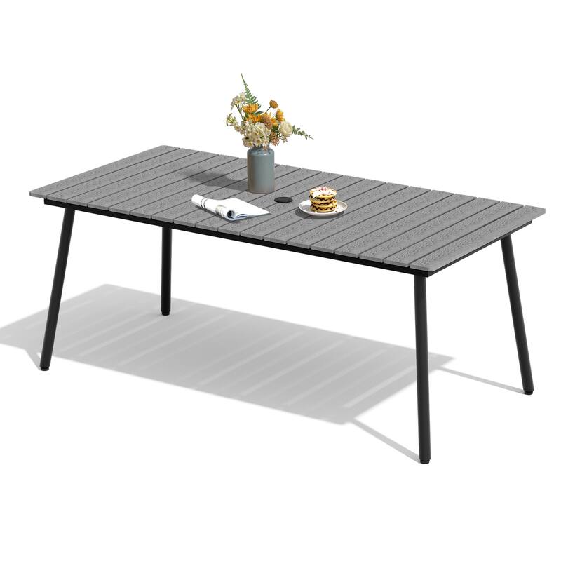 70in Outdoor Patio Rectangle Aluminum Wood-Like Dining Table with Umbrella Hole