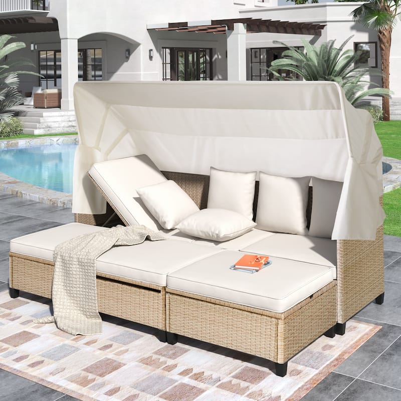 4 Piece UV-Proof Resin Wicker Patio Sofa Set with Retractable Canopy, Cushions & Lifting Table, Beige - Beige
