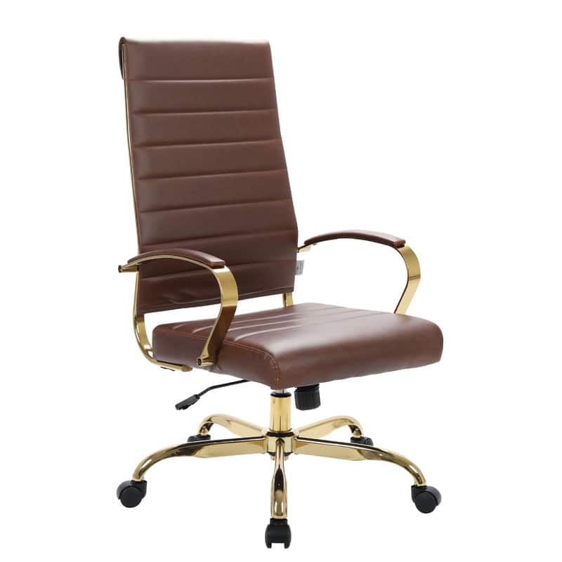 Benmar High-Back Leather Office Desk Chair in Brushed Gold Steel Frame Cushion Padded Armrests Tilt Lock Swivel Ergonomic Chair - Brown