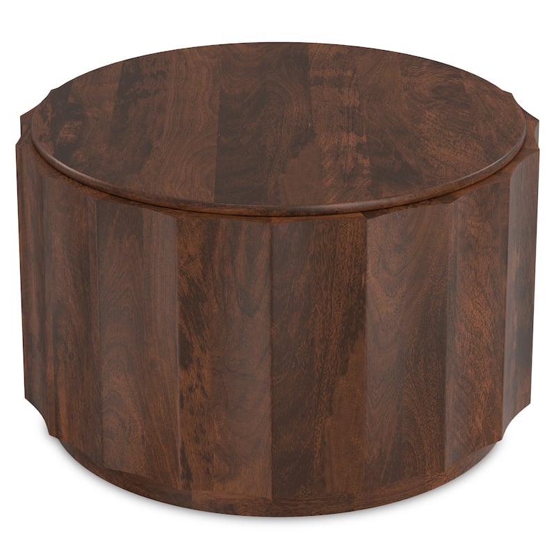 Simpli Home Trenton SOLID MANGO WOOD 32" Wide Round Contemporary Coffee Table in Walnut Brown, Fully Assembled