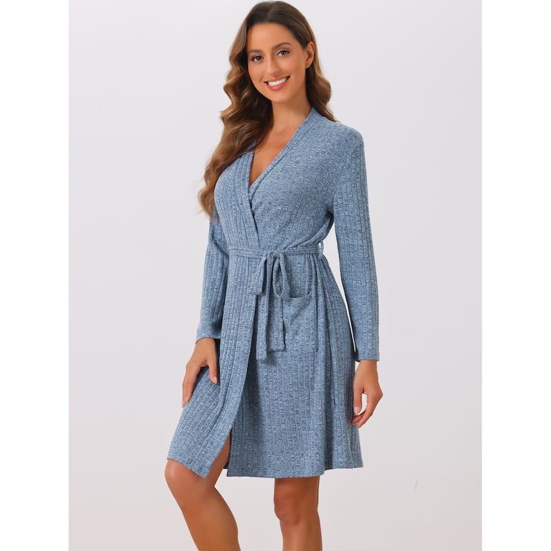 Womens Robes Ribbed Knit Tie Waist Long Sleeves Winter Knee Length Sleepwear with Pockets Bathrobe - Blue - M