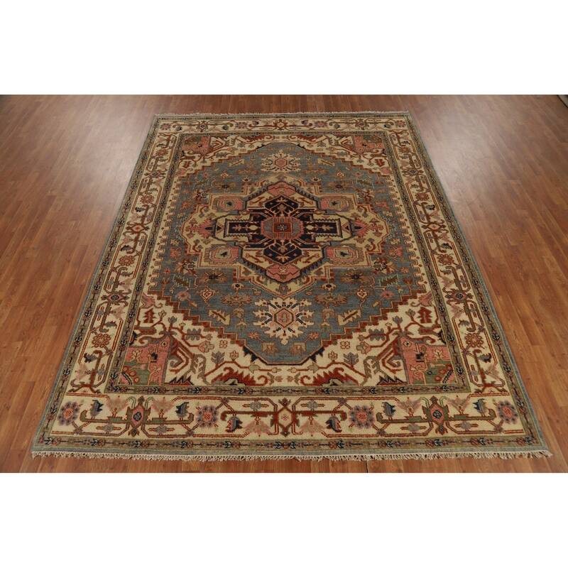 Geometric Heriz Serapi Indian Rug Hand-Knotted Wool Carpet - 7'11"x 9'10"