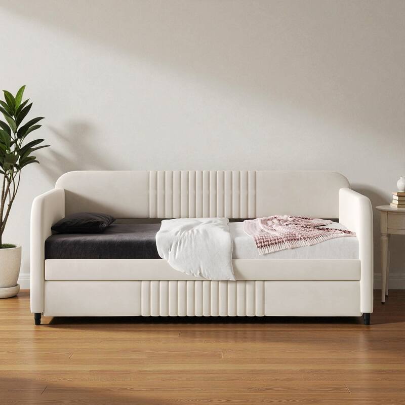 Twin Size Upholstered Daybed with Trundle, Velvet Sofa Bed with Wood Slats, Pull-Out Guest Bed for Bedroom or Living Room - Beige - Twin