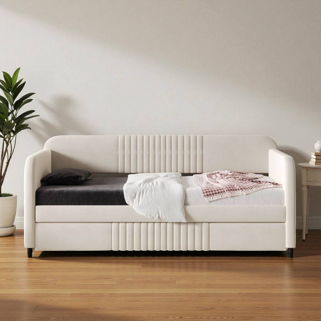 Twin Size Upholstered Daybed with Trundle, Velvet Sofa Bed with Wood Slats, Pull-Out Guest Bed for Bedroom or Living Room