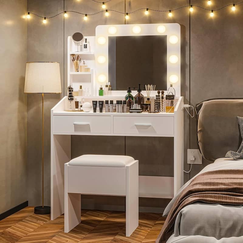 Modern Dressing Table, Makeup Vanity Desk with Mirror and Lights for Bedroom - White