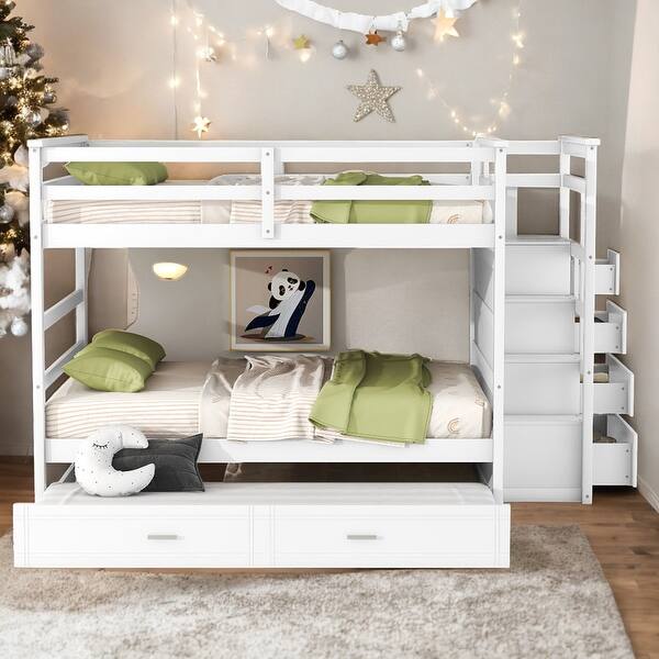 slide 2 of 15, Modern Full over Full Multifunctional Bunk Bed With Trundle And Staircase,Storage Drawers,Solid Construction White