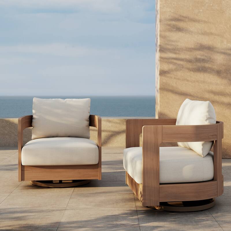 Outdoor Swivel Chair Conversation Set 360-Degree Solid Wood Eucalyptus - 2-Piece White