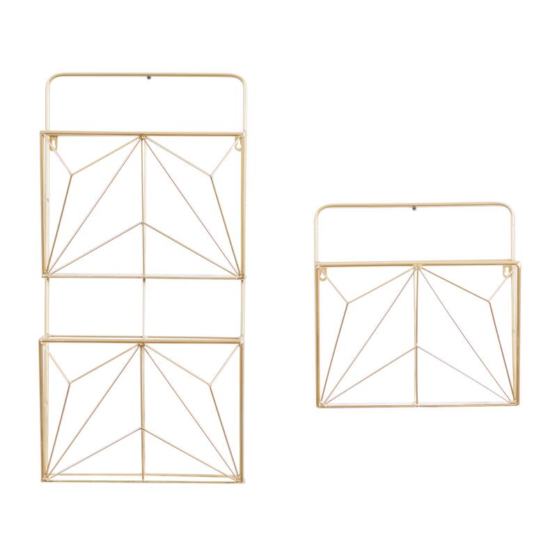 Metal Geometric 3 Slot Wall Shelf - Set of 2 Gold - Roche River Decor - 5"W x 15"L x 30"H