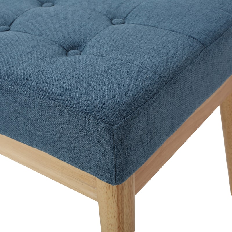 Gisa Ottoman Bench, Blue Fabric Tufted, Natural Brown Wood, 44 Inch