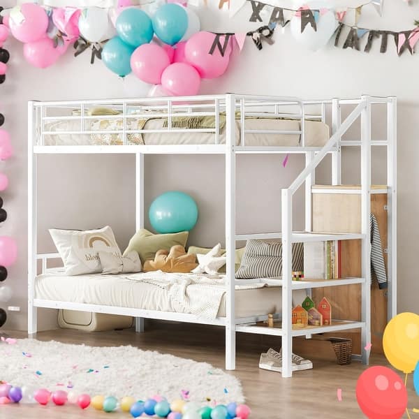 slide 2 of 22, Twin Over Twin Bunk Bed With Lateral Storage Ladder and Wardrobe for Home White