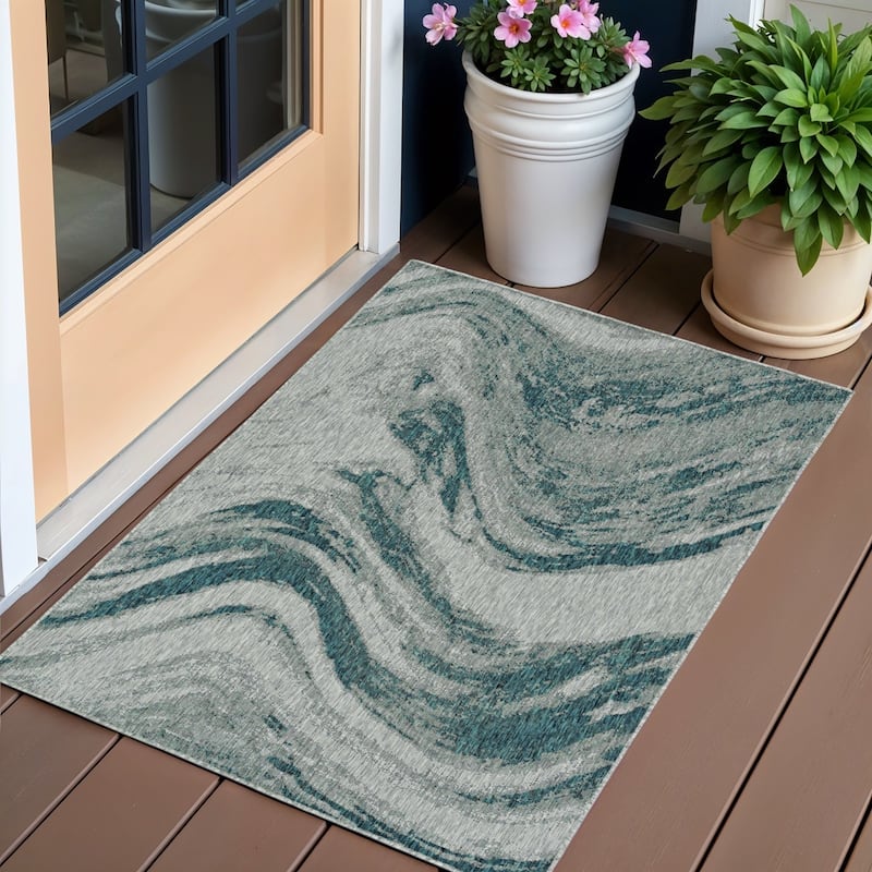Cave Unique Abstract Weather Resistant Current & Stylish Outdoor Rug - 3' x 5' - Grey