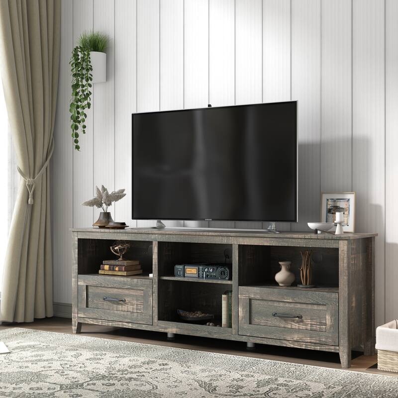 Contemporary TV Stand with 4 Open Storage Compartments and 2 Drawers, Fits 60 TVs, 70 W.