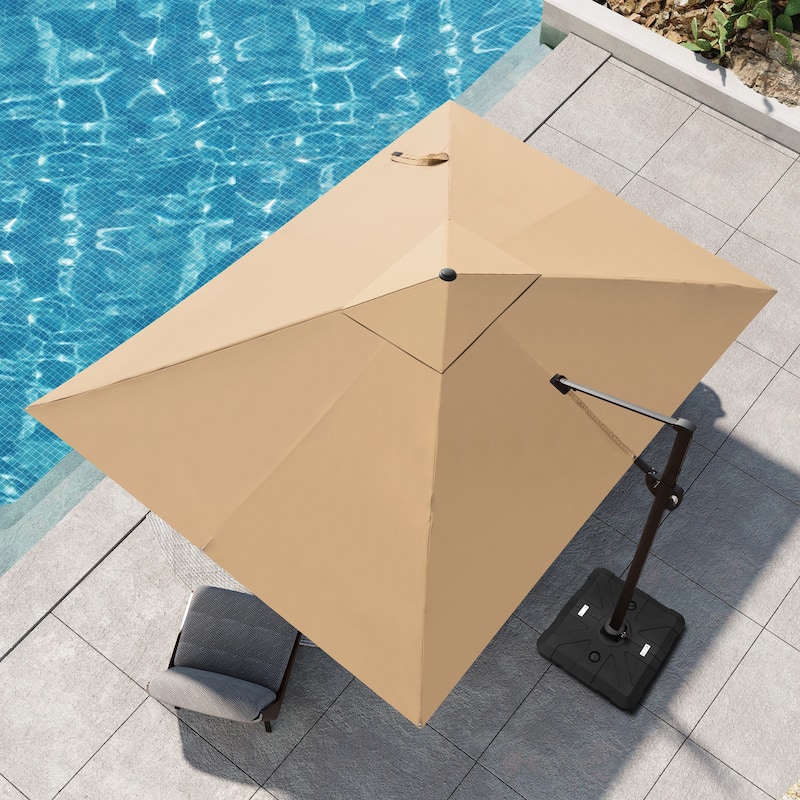 Pellebant 9 FT x 12 FT Outdoor Patio Cantilever-Offset Umbrella with Base - Tan