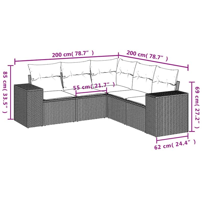 vidaXL Patio Sofa Set with Cushions Outdoor Conversation Furniture Poly Rattan - 24.4 x 24.4 x 27.2