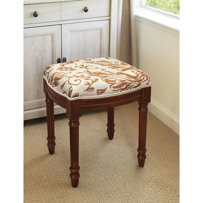 Caramel Tuscan Floral Vanity Stool with wood stained finish