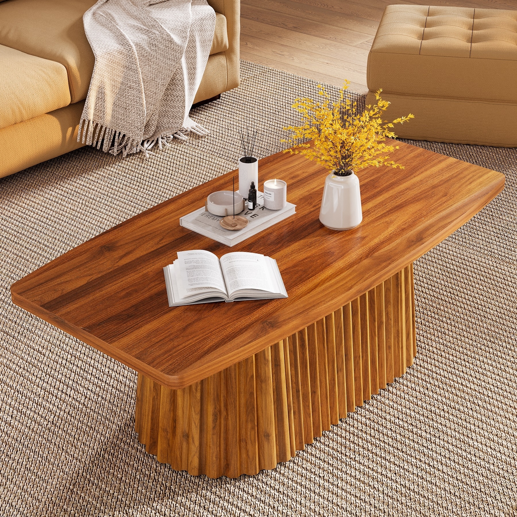 47.2" Fluted Coffee Table, Unique Boat-Shaped Living Room Center Table