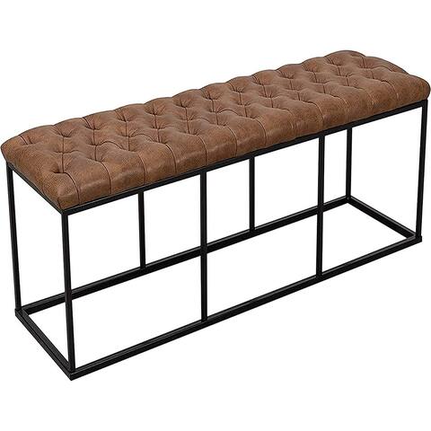 HomePop Faux Leather Button Tufted Bench with Metal Base - Brown