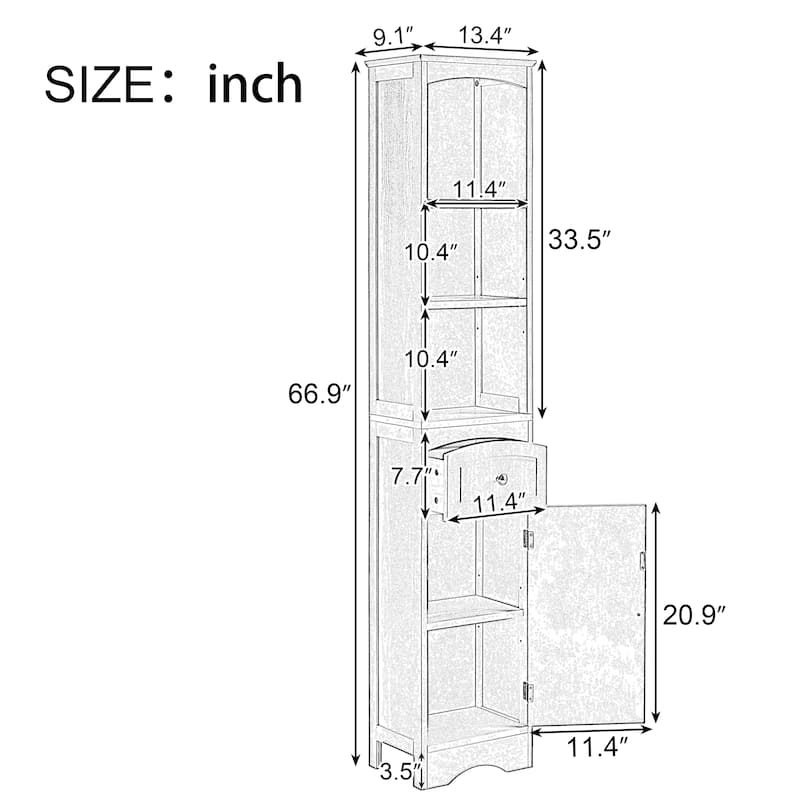 66" H Tall Bathroom Storage Cabinet with Drawer & Adjustable Shelves