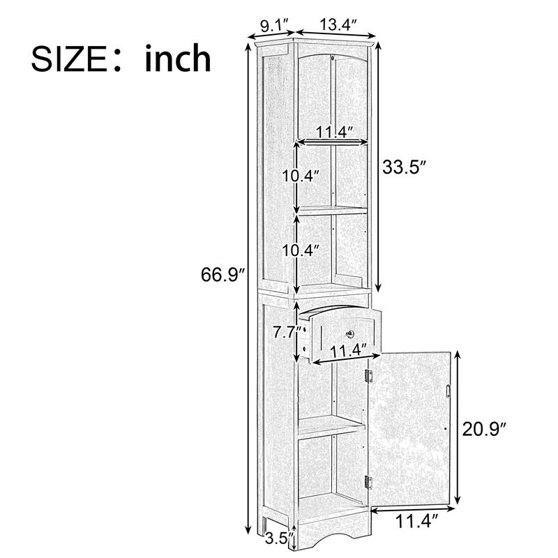 Bathroom Storage Cabinet with Drawer, Open Shelves and Adjustable Shelf, Tall Cabinet with Curved Line Top and Bottom Pane
