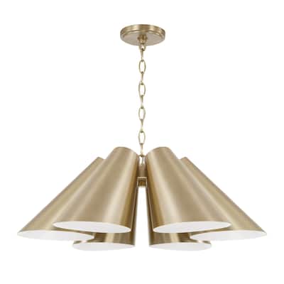 27.75" W x 8.5" H 6-Light Modern Pendant in Matte Brass with Painted White Interior - 25"W x 8.75"H