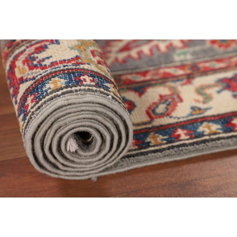 Traditional Kazak Runner Rug Hand-Knotted Grey Wool Carpet - 2'1" x 5'10"