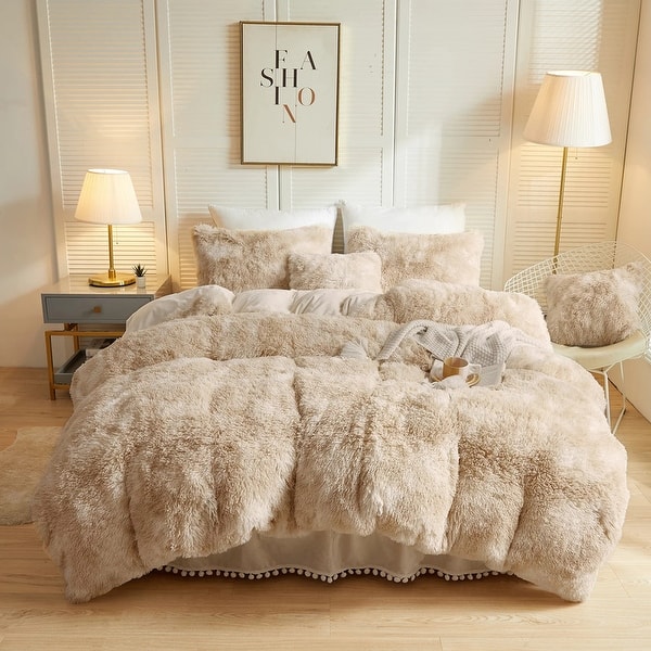Luxury-Shaggy-Faux-Fur-Duvet-  Shaggy Fluffy Faux Fur Duvet Cover Set Button Closure Velvety Bedding Se… main image 0
