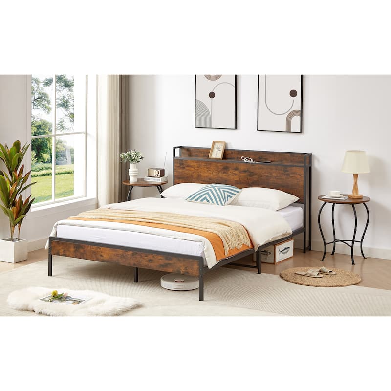 Queen Size Metal and Wood Charging Platform Bed