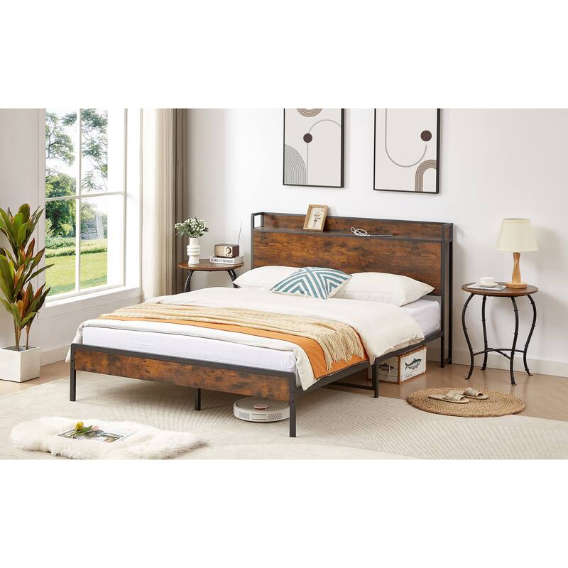 Platform Bed with 2 USB Ports, Power Outlets, and Storage Headboard - 1000 LB Capacity.