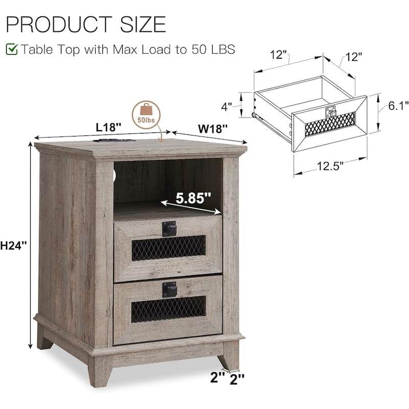 Farmhouse Nightstand Set of 2 with Charging Station, End Table