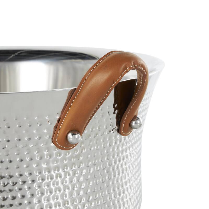 Silver Stainless Steel Metal Hammered Ice Bucket with Brown Leather Handles - 18"W x 21"L x 11"H