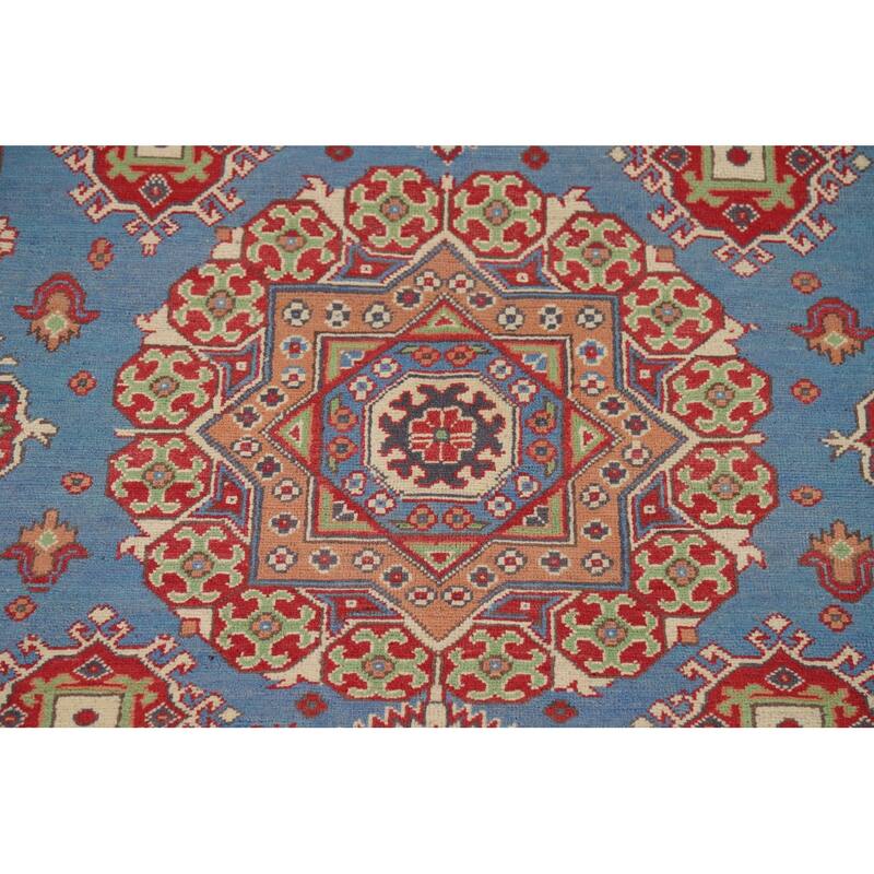 Blue Geometric Kazak Oriental Area Rug Handmade Wool Carpet - 4'10" x 6'7"