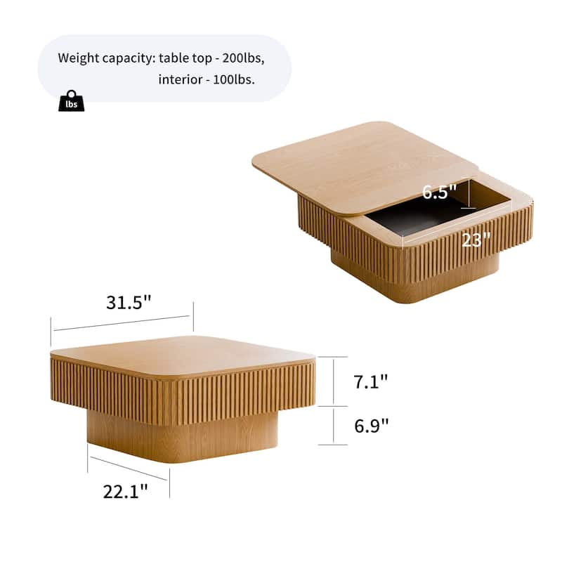 Modern Fluted Solid Wood Accent Coffee Table with Hidden Storage
