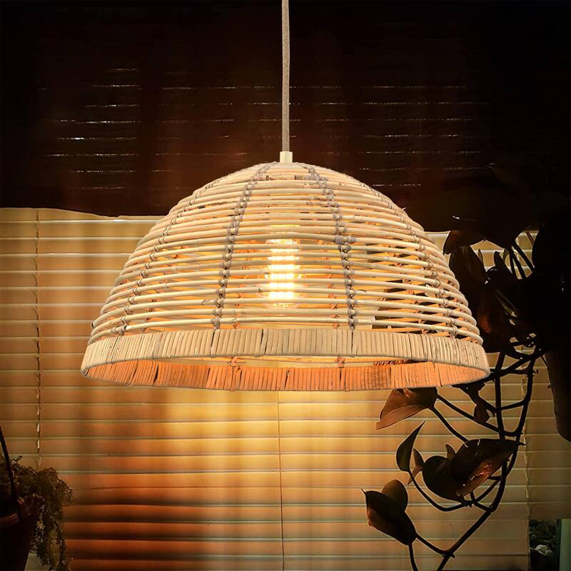 1-Light Farmhouse Rustic Dome Rattan Pendant Light for Kitchen Island - 19.4 in. W x 11 in. H