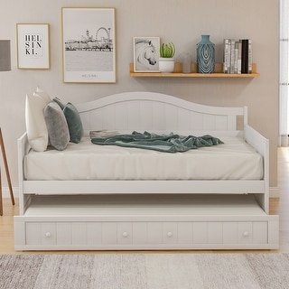 Twin Sofa Bed Wood Slat Support Daybed Classic Arched Design Sofa Bed with Trundle Bed No Box Spring Needed Daybed Frame - White