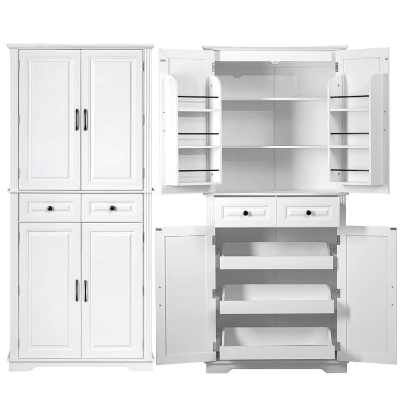 71" Tall Kitchen Pantry Cabinet with 3 Pull Out Cabinet Organizers, Farmhouse Embossed Texture Storage Cabinet