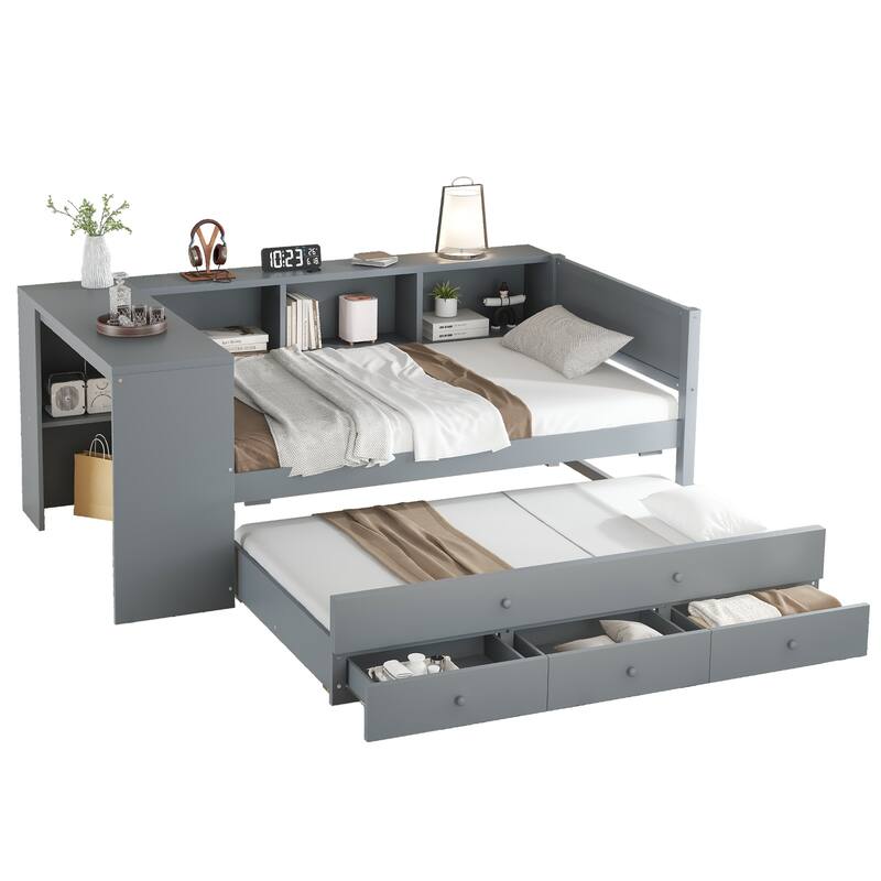 Twin Size Daybed with Trundle, Wood Day Bed Frame with Storage Drawers and Side Shelves, Daybed with Desk, No Spring Box Needed