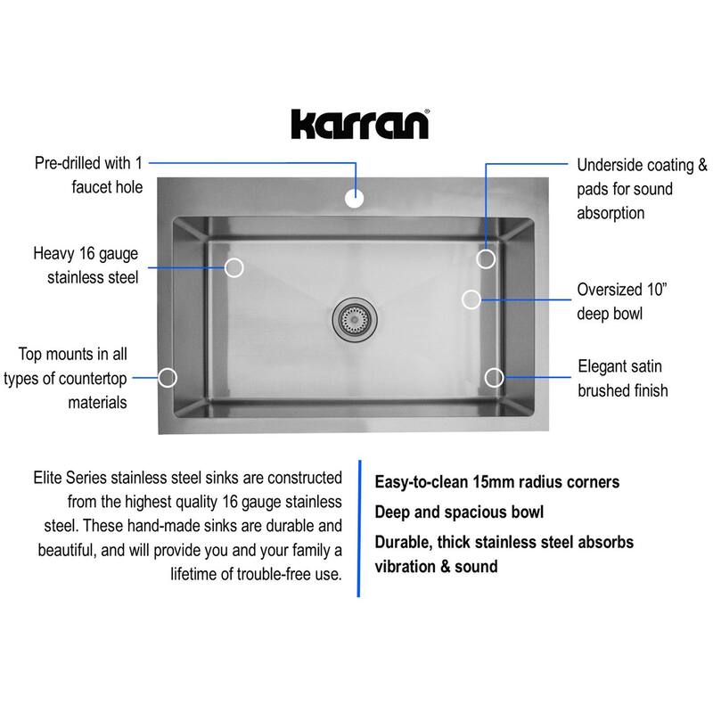 Karran USA EL-33-PK1 Elite 33" Drop In Single Basin Stainless Steel - Stainless Steel